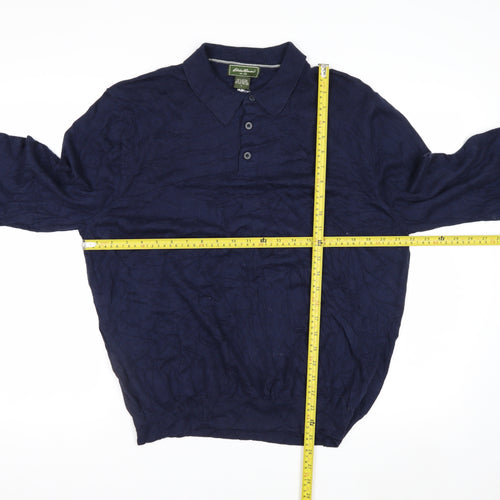 Eddie Bauer Men's Blue Cotton Cashmere Collared Henley Jumper L
