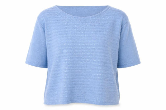 Front view of JOBIS Women Blue Wool Sequin Short Sleeve jumper, size 8