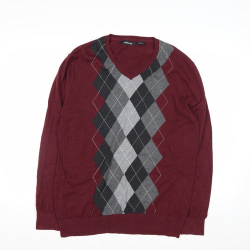 Claiborne Men's Red Argyle V-Neck Cotton Jumper Size L