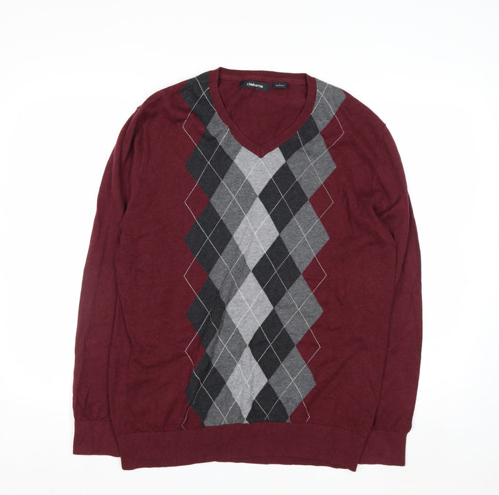 Claiborne Men's Red Argyle V-Neck Cotton Jumper Size L