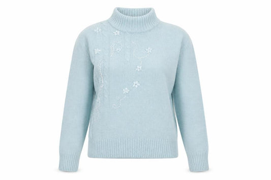 Front view of Honor Millburn at EWM Women's Blue Floral Mock Neck Knit Jumper, size S, 10-12