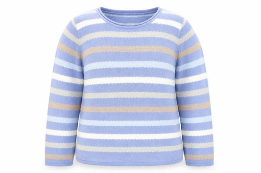 Front view of Isle Women Blue Striped Acrylic Knit jumper, size S