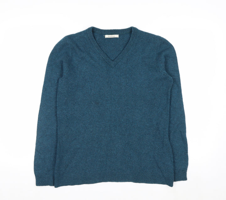 WoolOvers Women Blue 100% Lambswool V-Neck Jumper Size M