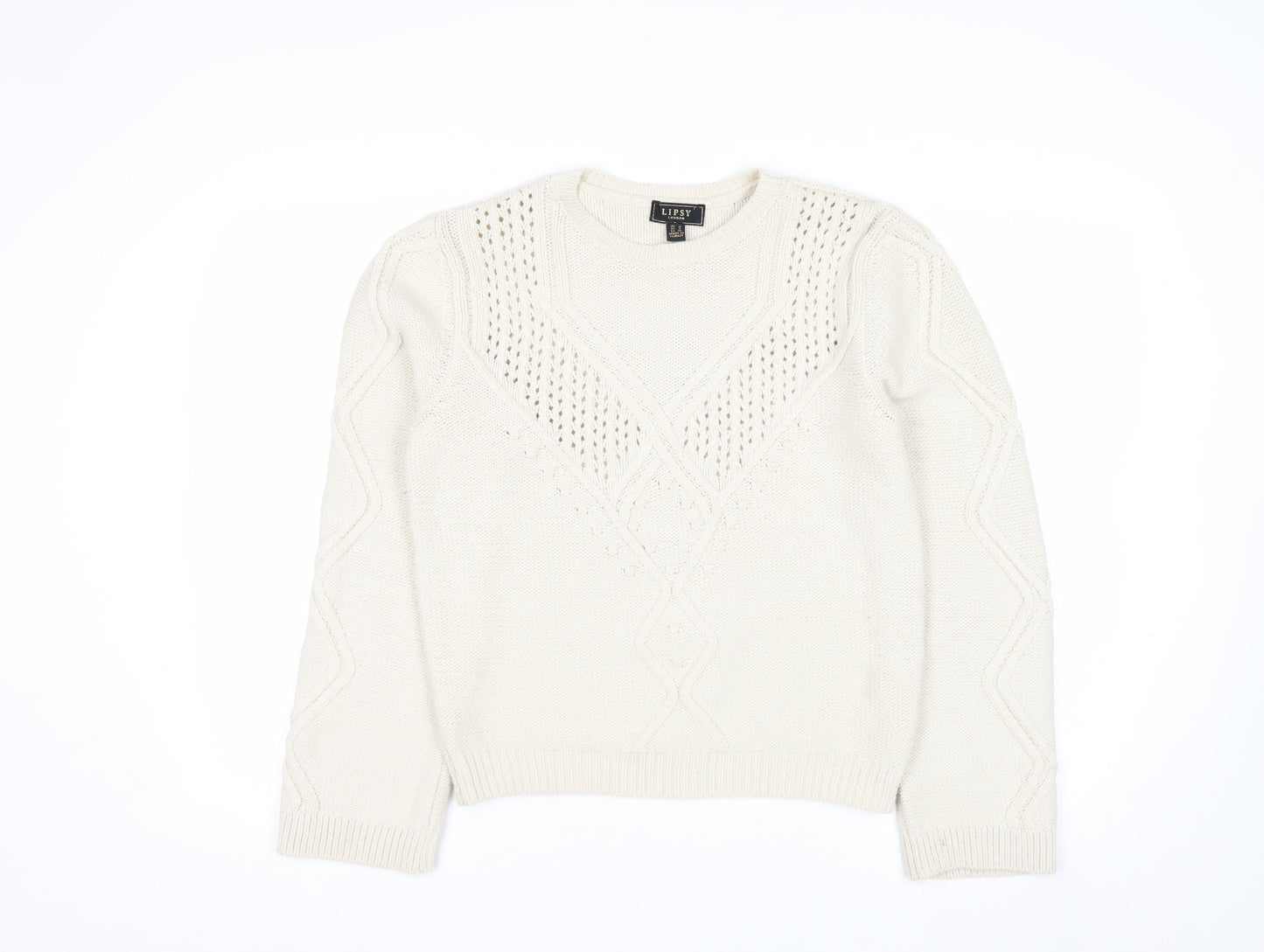 Lipsy Women Ivory Cable Knit Crew Neck Jumper Size 10