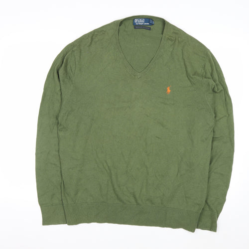 Ralph Lauren Men's Green V-Neck Cotton Cashmere Jumper XL