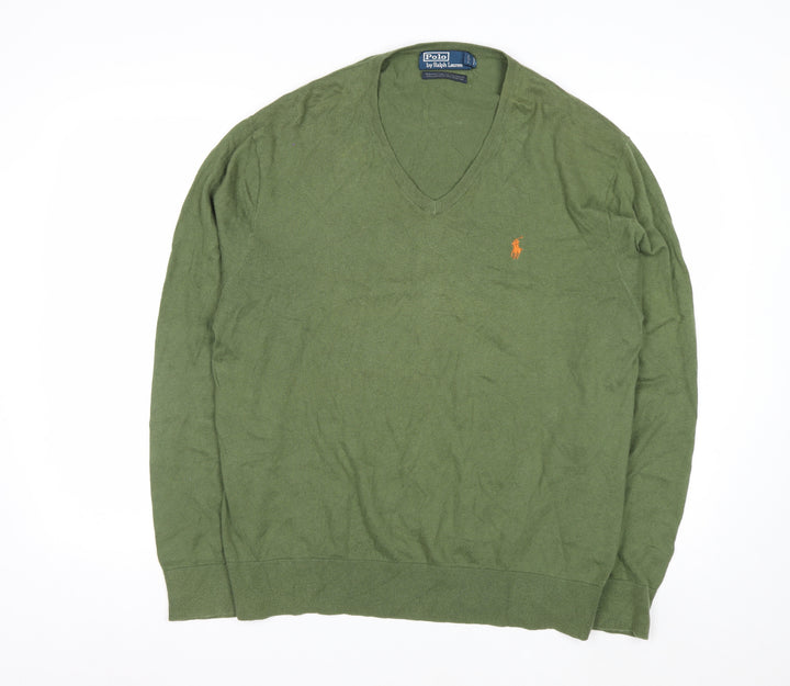 Ralph Lauren Men's Green V-Neck Cotton Cashmere Jumper XL