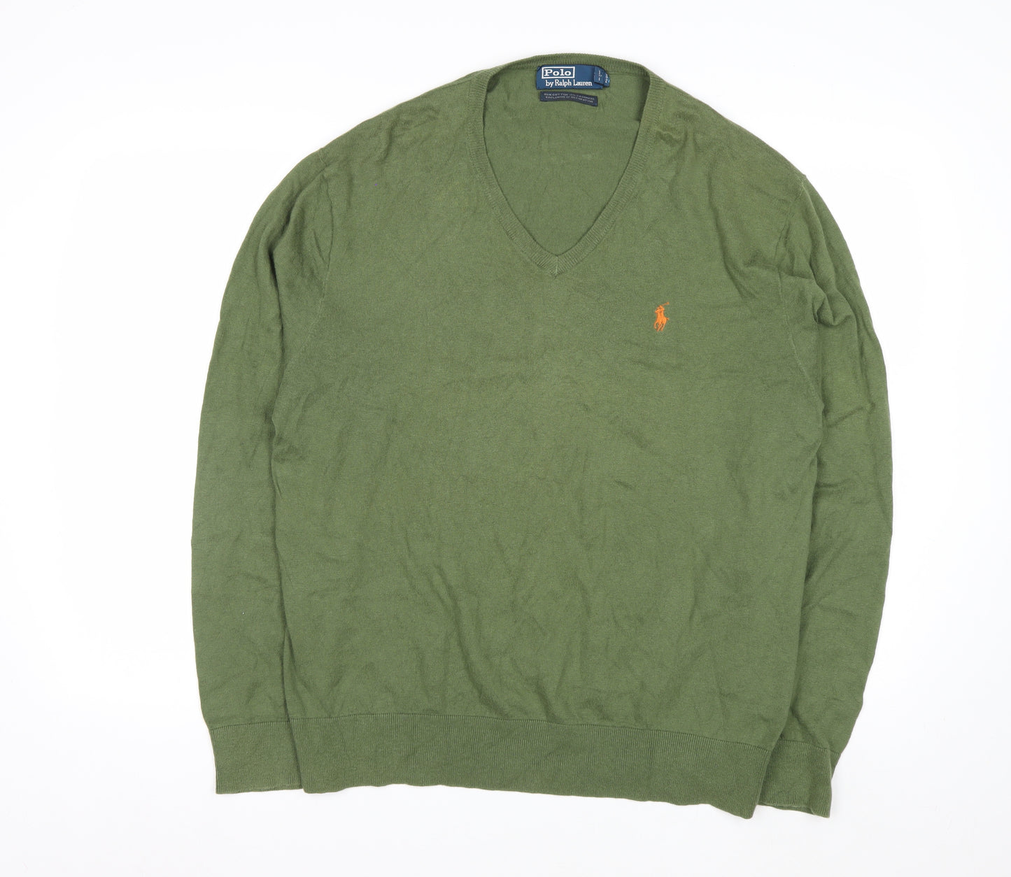 Ralph Lauren Men's Green V-Neck Cotton Cashmere Jumper XL