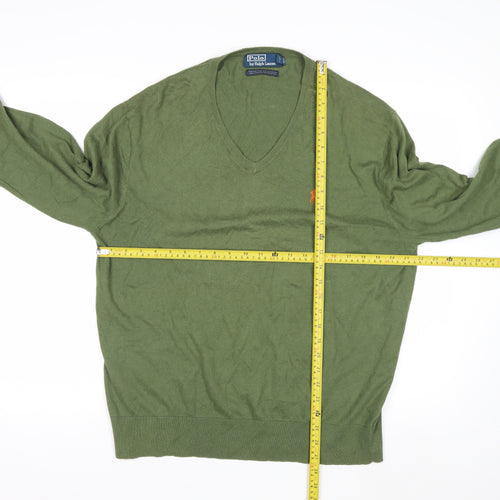 Ralph Lauren Men's Green V-Neck Cotton Cashmere Jumper XL