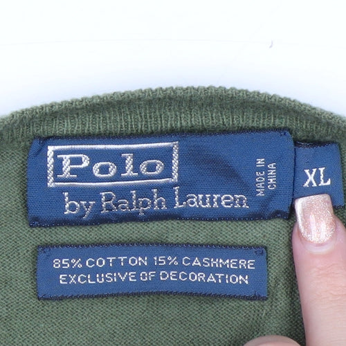 Ralph Lauren Men's Green V-Neck Cotton Cashmere Jumper XL