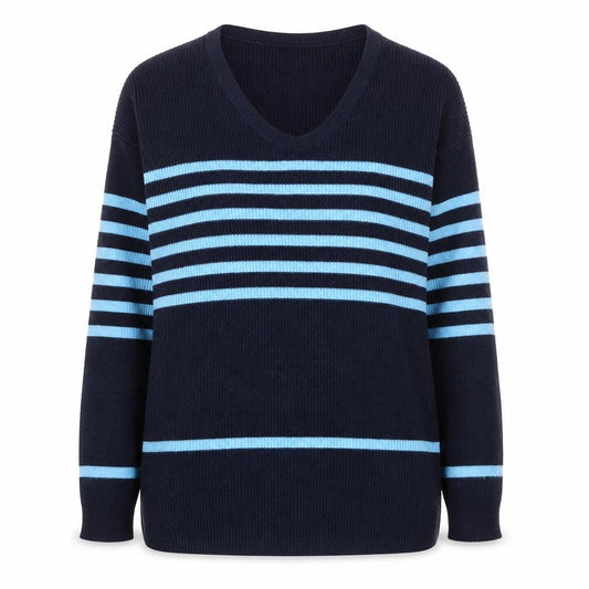 Front view of Gap Women’s Blue Striped V-Neck Knit jumper XS