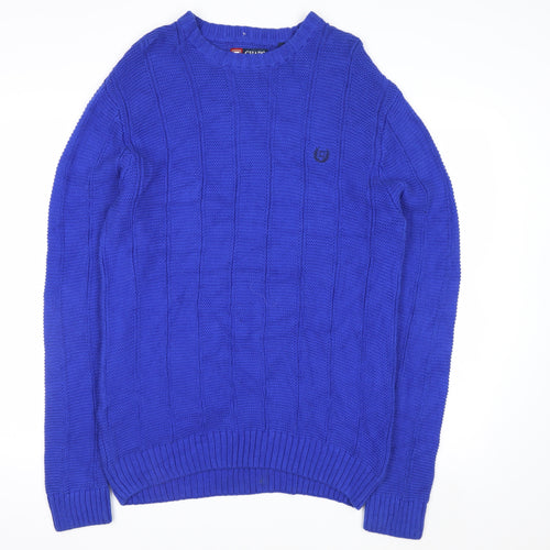 Chaps Men's Blue Cotton Crew Neck Cable Knit Jumper Size M