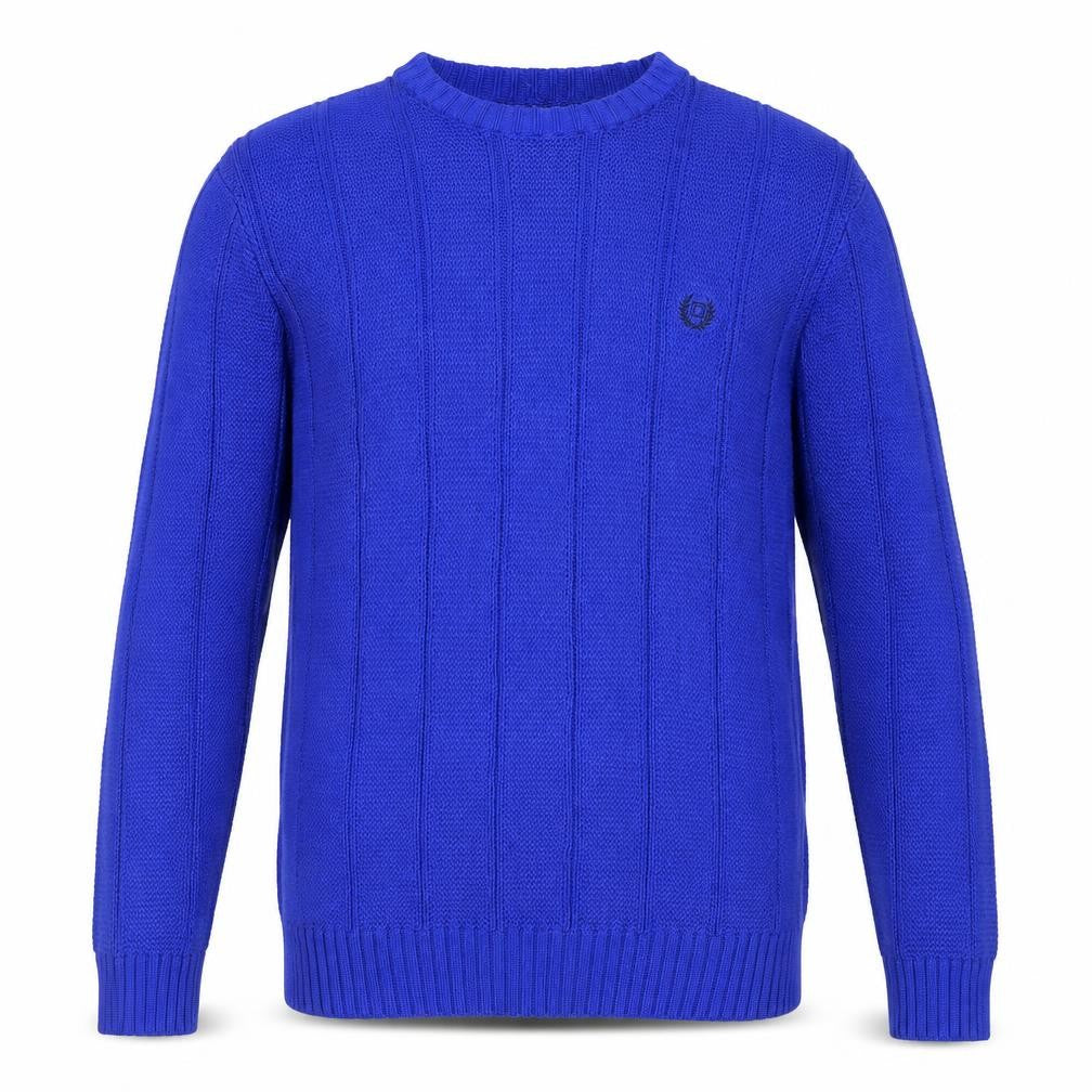 Front view of Chaps Men's Blue Cotton Crew Neck Cable Knit Jumper, size M