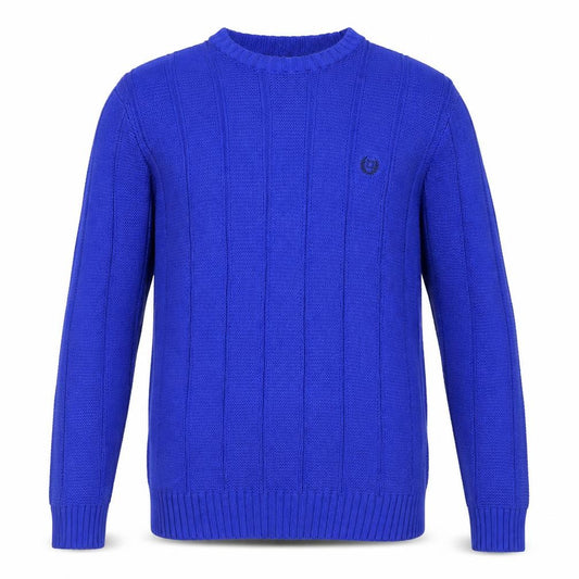 Front view of Chaps Men's Blue Cotton Crew Neck Cable Knit Jumper, size M