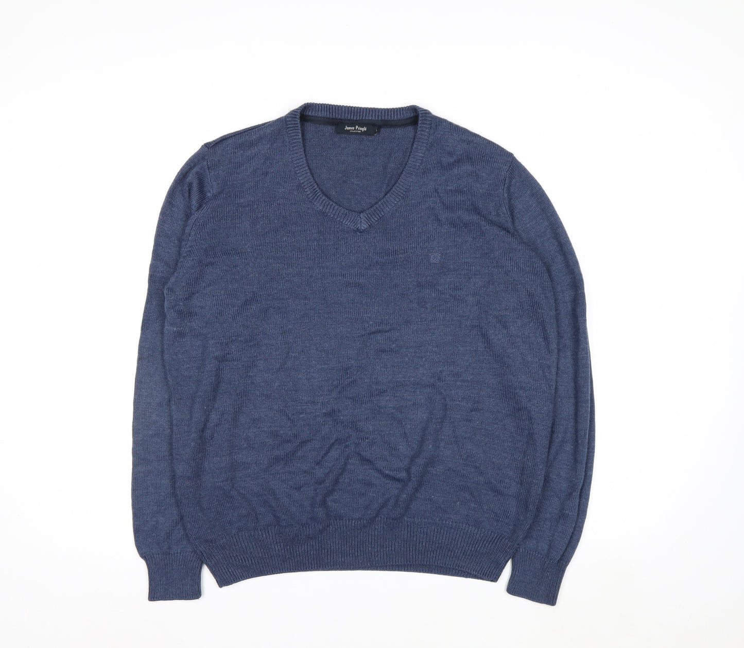James Pringle Mens Blue Acrylic V-Neck Jumper Size L