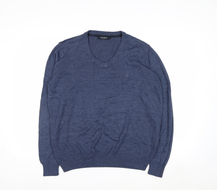 James Pringle Mens Blue Acrylic V-Neck Jumper Size L