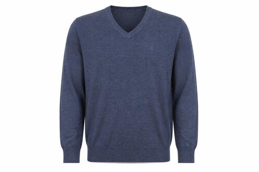 Front view of James Pringle men’s blue acrylic v-neck jumper, size L