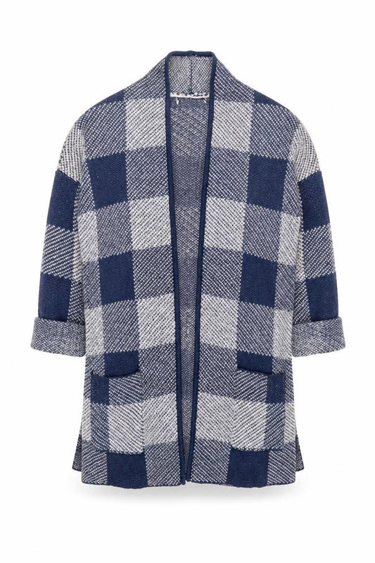 Front view of Next Men’s Blue Check Open Knit Cardigan L Wool Blend