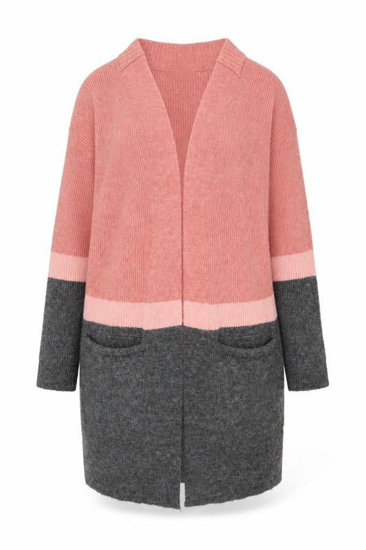 Front view of Next Women’s Pink & Grey Long Knit Cardigan, size S, Regular Fit