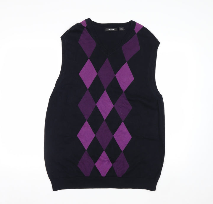 Claiborne Men's Black Purple Argyle Cotton V-Neck Vest M