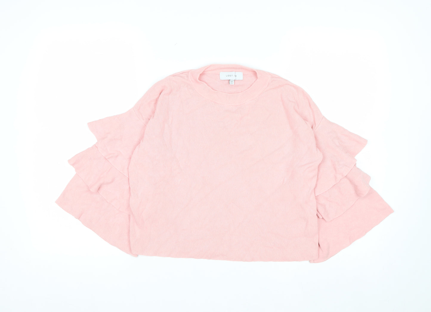 Lost Ink Women's Pink Ruffle Sleeve Knit Jumper Size 6