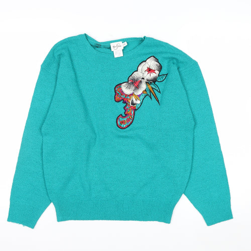 TanJay Women Green Acrylic Crew Neck Embroidered Flower Jumper L