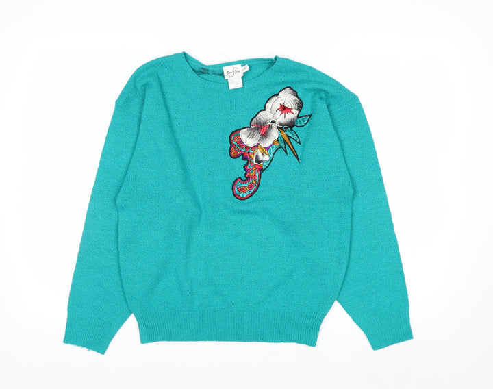 TanJay Women Green Acrylic Crew Neck Embroidered Flower Jumper L