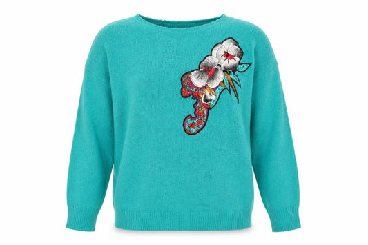 Front view of TanJay Women Green Acrylic Crew Neck Embroidered Flower Jumper L