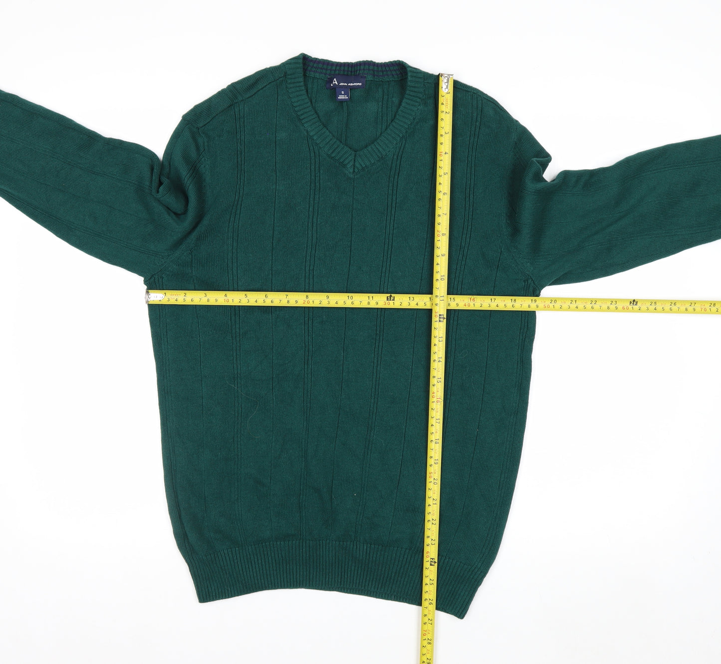 John Ashford Men's Green V-Neck Cotton Jumper Size S