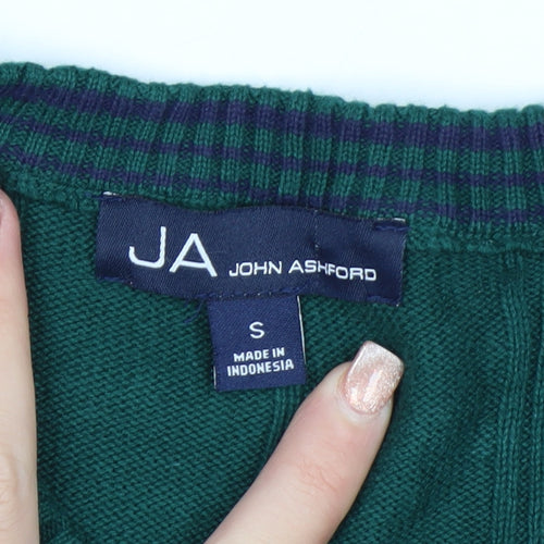 John Ashford Men's Green V-Neck Cotton Jumper Size S