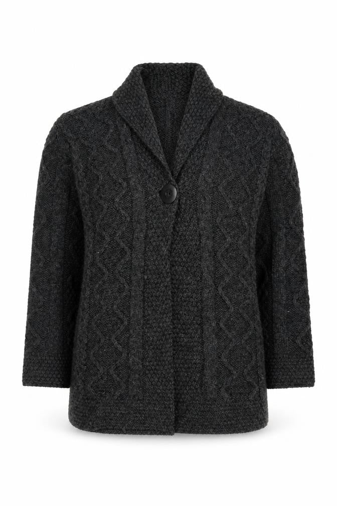 Front view of Inis Crafts Women's Grey Cable-Knit Merino Wool Cardigan, size S