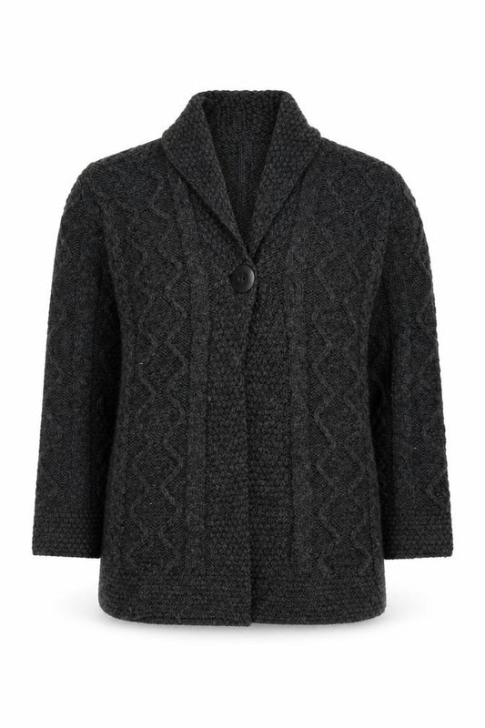 Front view of Inis Crafts Women's Grey Cable-Knit Merino Wool Cardigan, size S