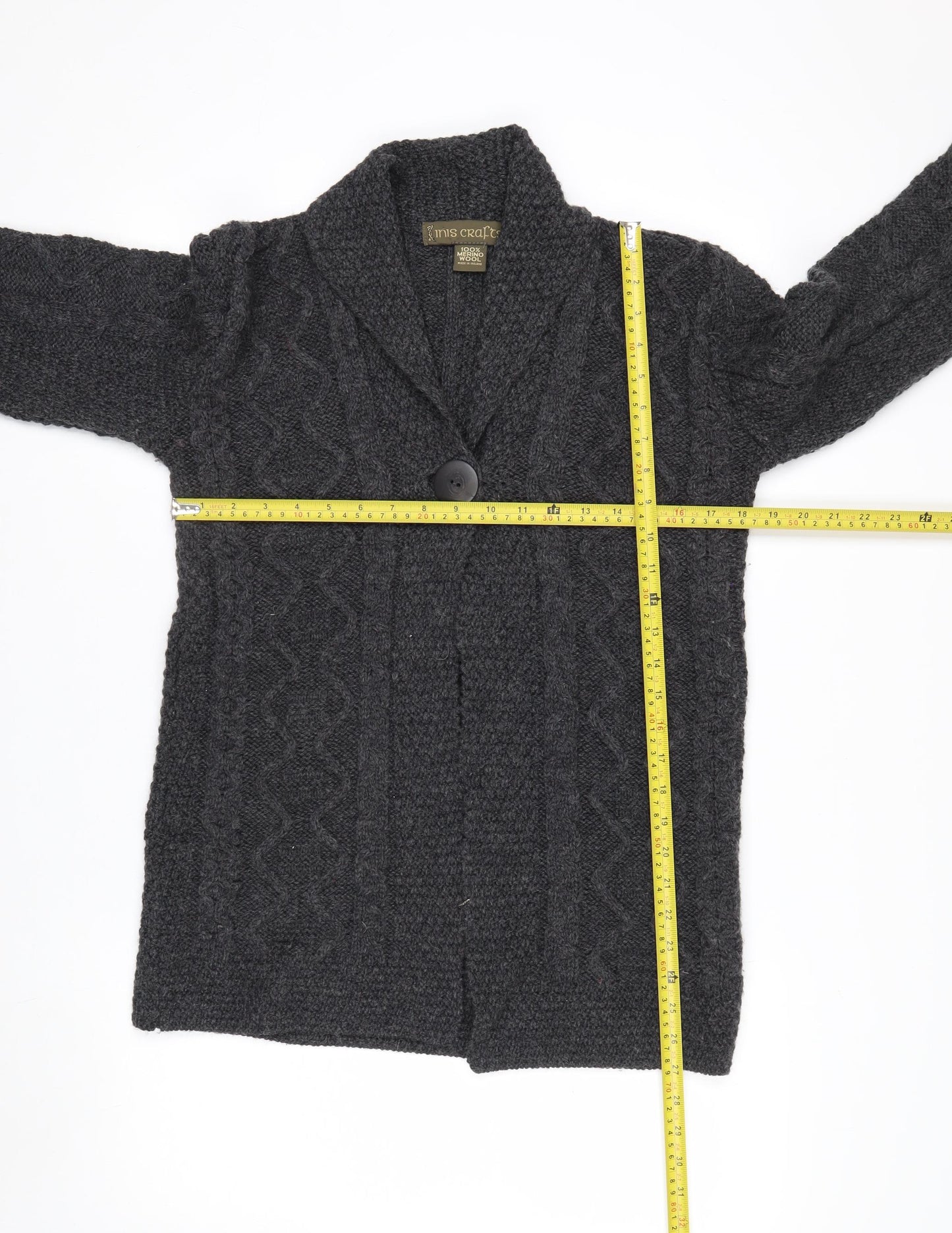 Inis Crafts Women's Grey Cable-Knit Merino Wool Cardigan Size S