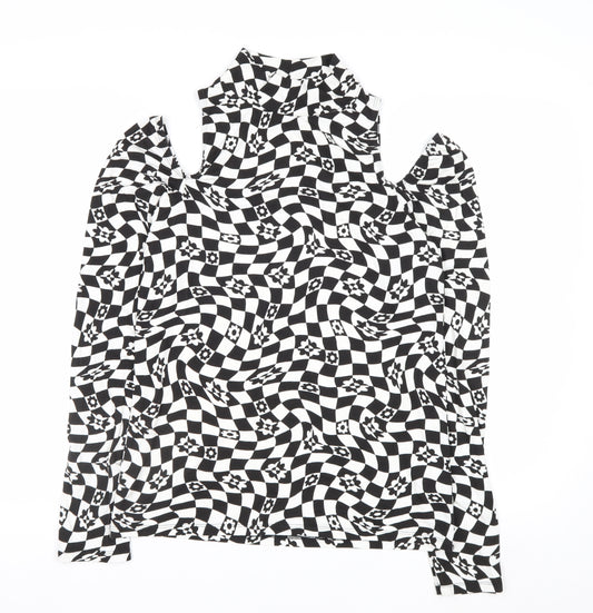 Front view of ASOS DESIGN women’s black check high neck cold shoulder blouse, size UK 16 plus