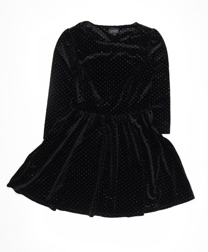 Topshop Women’s Black Velvet Polka Dot Skater Dress Size 6