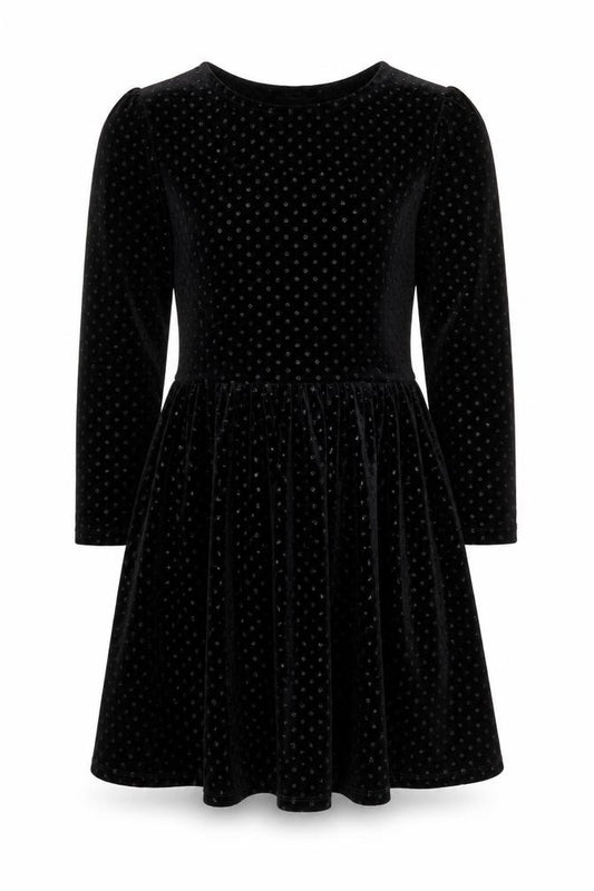 Front view of Topshop Women’s Black Velvet Polka Dot Skater Dress, size UK 6