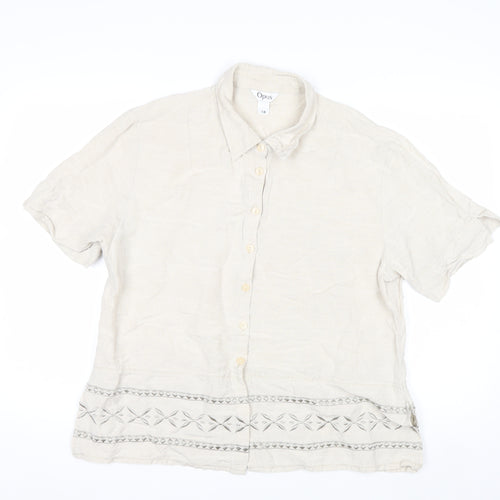 Opus Women's Beige Linen Blend Embroidered Button-Up Shirt Size 18