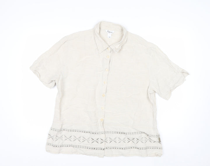 Opus Women's Beige Linen Blend Embroidered Button-Up Shirt Size 18