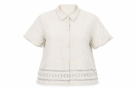 Front view of OPUS Women's Beige Linen Blend Embroidered Button-Up Shirt, size 18