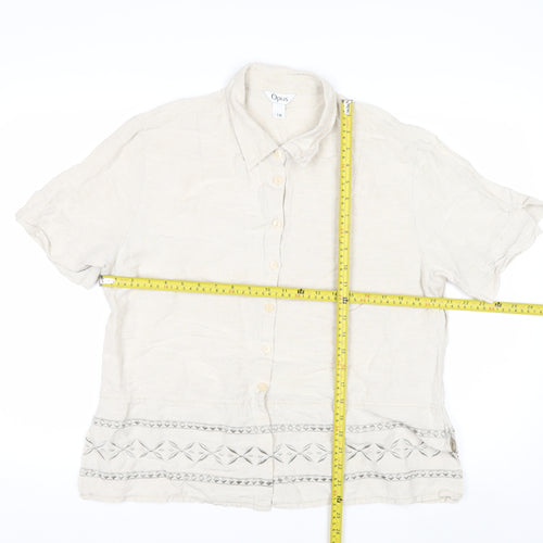 Opus Women's Beige Linen Blend Embroidered Button-Up Shirt Size 18