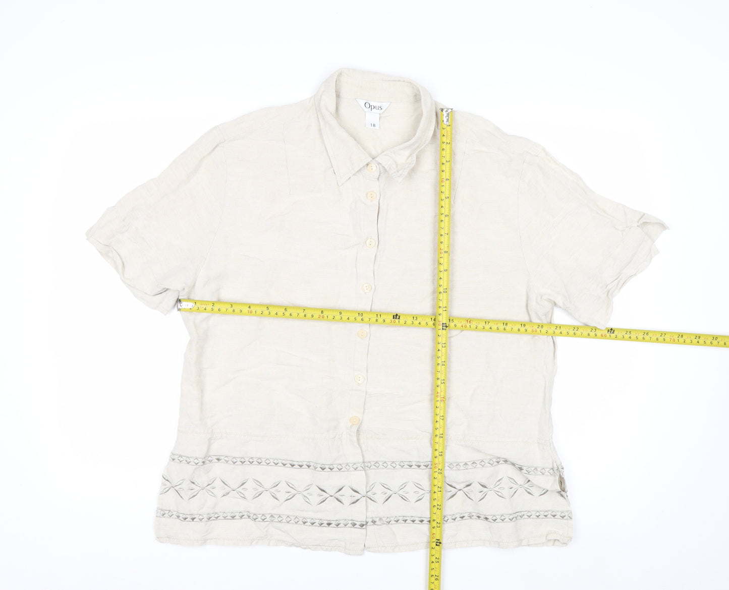 Opus Women's Beige Linen Blend Embroidered Button-Up Shirt Size 18