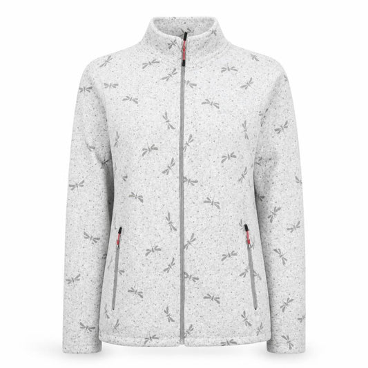 Front view of Killtec women’s grey full zip fleece jacket, size UK 12, dragonfly print