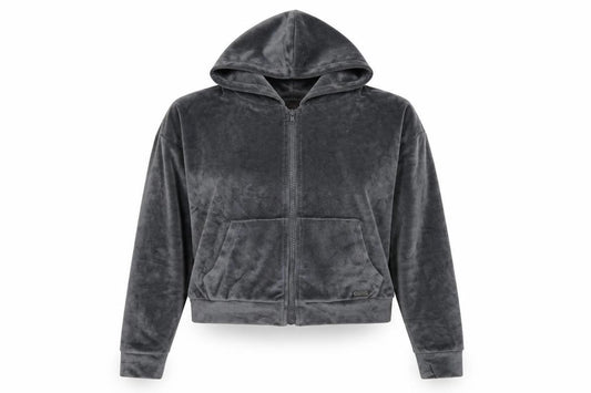 Front view of Boux Avenue women’s grey velour full zip hoodie, size UK 14