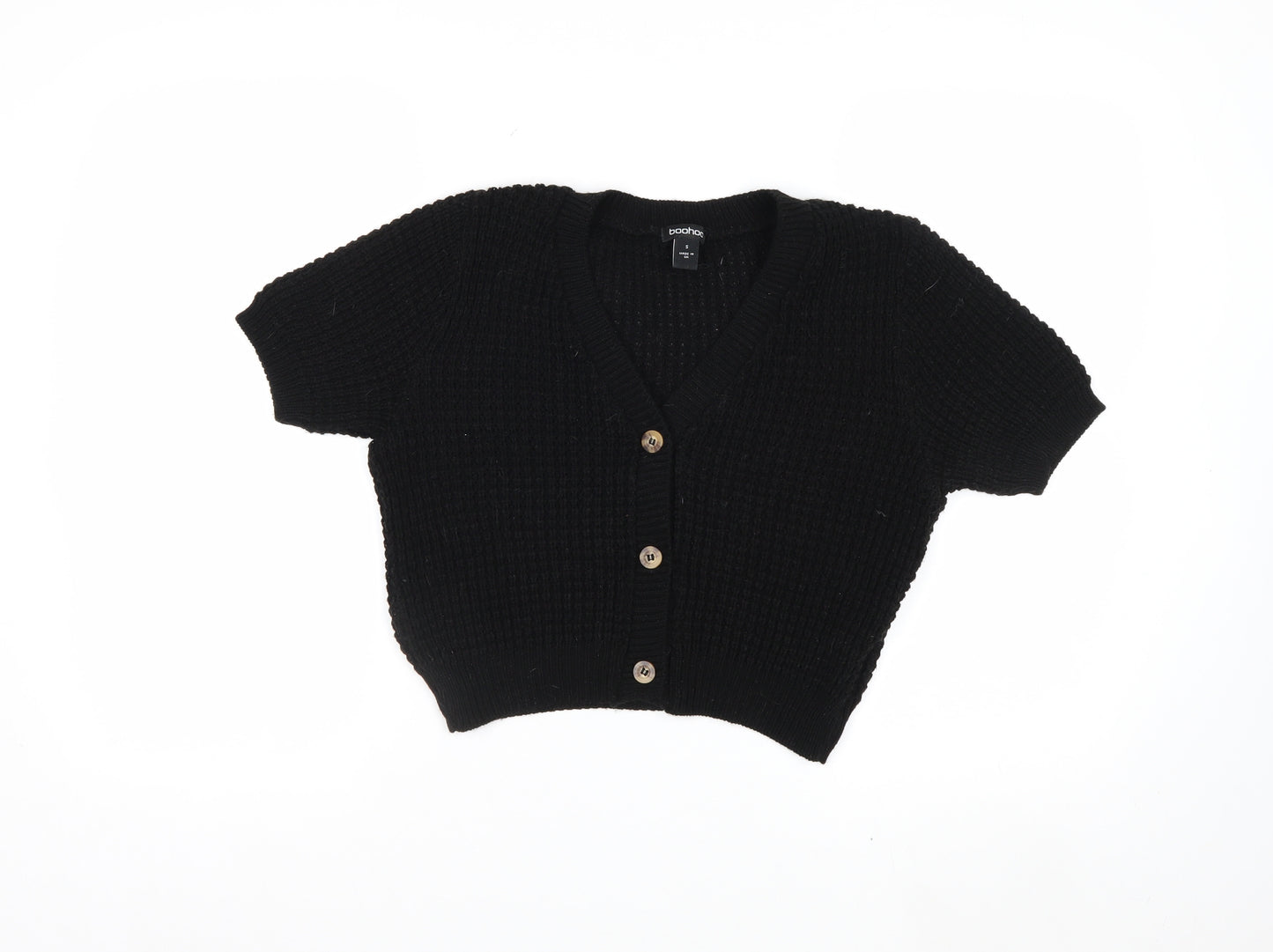 Boohoo Women's Black Short Sleeve Chunky Knit V-Neck Cardigan Size S