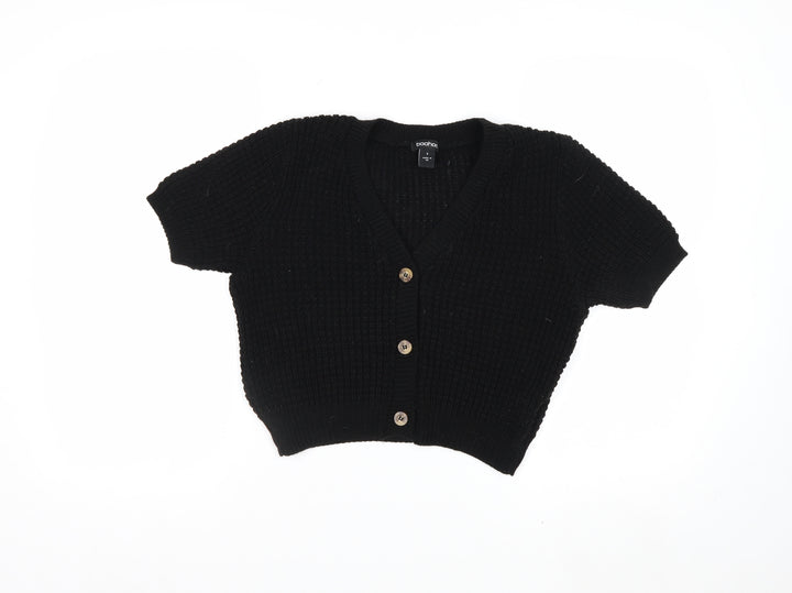 Boohoo Women's Black Short Sleeve Chunky Knit V-Neck Cardigan Size S