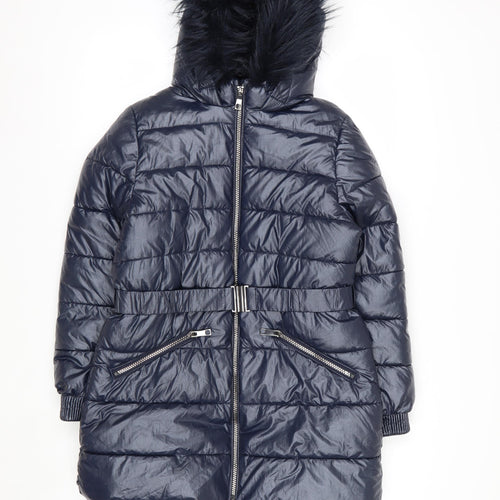 Marks and Spencer Girls Blue Hooded Belted Puffer Coat 11-12 Years