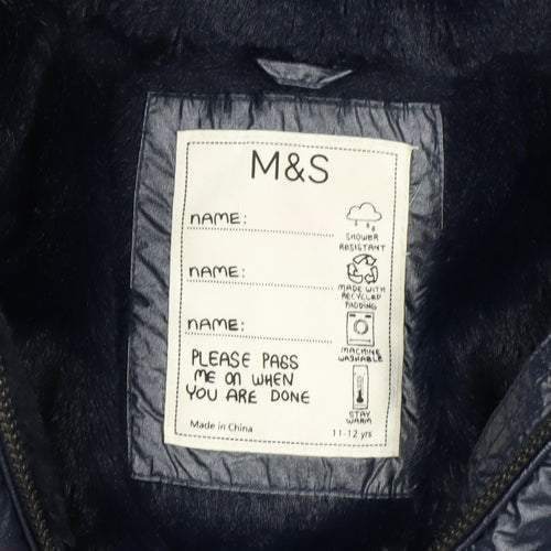 Marks and Spencer Girls Blue Hooded Belted Puffer Coat 11-12 Years