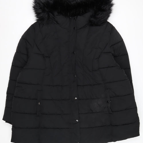 Yours Women's Black Long Puffer Coat Faux Fur Hood Plus Size 30-32