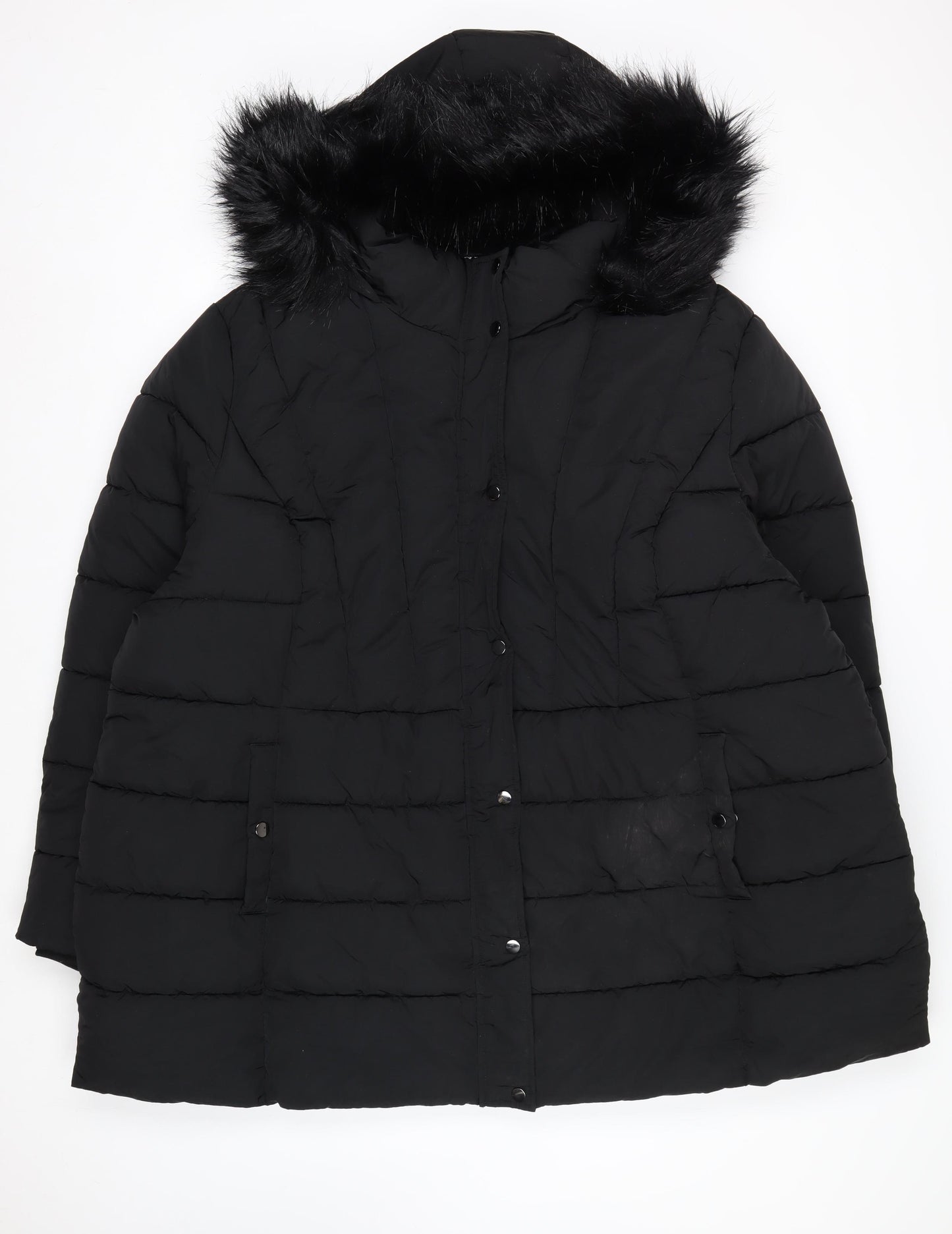 Yours Women's Black Long Puffer Coat Faux Fur Hood Plus Size 30-32