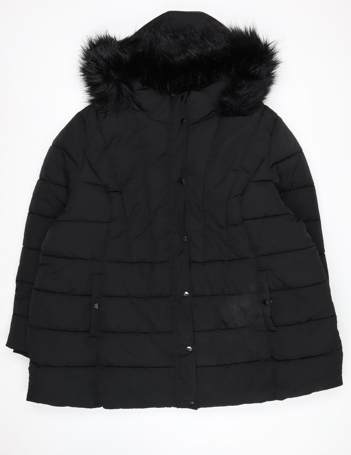 Yours Women's Black Long Puffer Coat Faux Fur Hood Plus Size 30-32