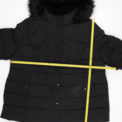 Yours Women's Black Long Puffer Coat Faux Fur Hood Plus Size 30-32